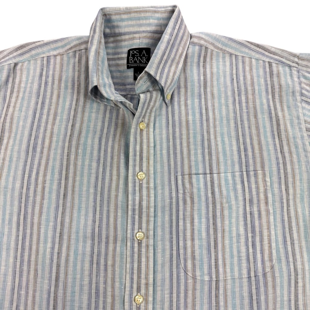 Jos A Bank Travelers Collection Shirt Mens Large Blue Stripe Linen Short Sleeve